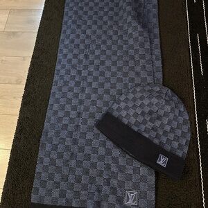 Louis Vuitton Navy and Gray Checkered Scarf and Beanie Set